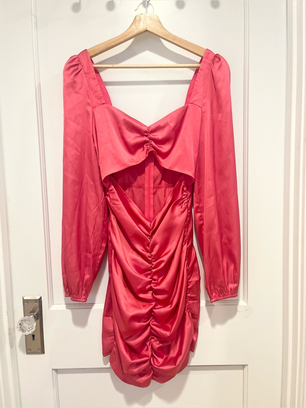 Area Stars Pink Satin Ruched Long Sleeve Cutout Mini Dress Small